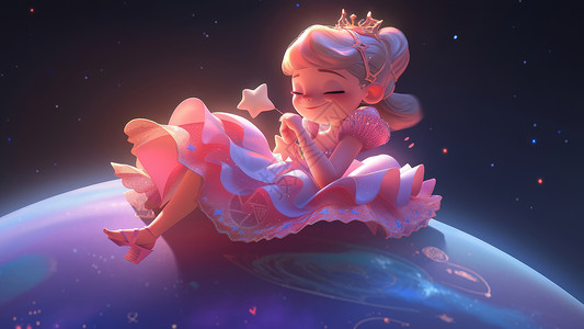 地球上的女孩躺在星球上开心的小公主插画