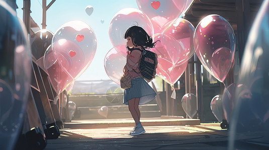 站在满是气球的街道上的卡通小女孩数字背景图片