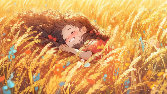 躺在金色麦田的可爱的卡通小女孩背景图片