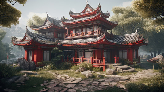 中式红色建筑图片