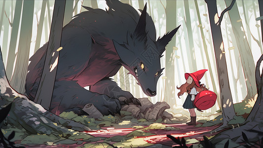 在森林里戴红帽子的小女孩与巨大的灰狼高清图片