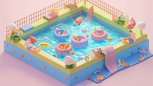 可爱的马卡龙色卡通游泳池背景图片