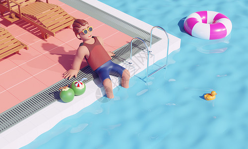 卡通沙滩游泳池3D创意夏天场景设计图片