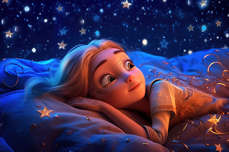 可爱的小女孩躺在床上星星灯光作伴插画