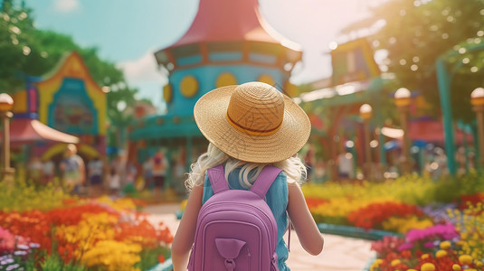 背着紫色背包戴着帽子去游乐场的小女孩背影背景图片