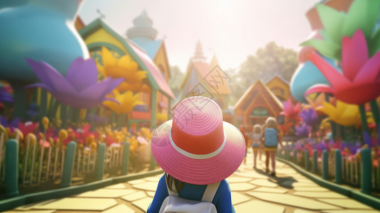 草帽背影戴着粉色草帽去游乐场的的小女孩背影插画