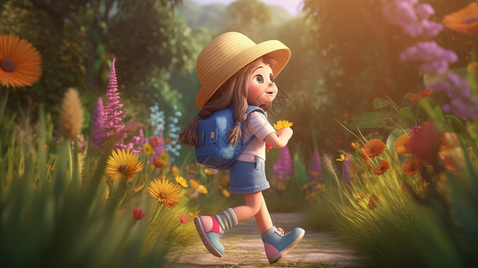 跑步森林手拿花朵跑步去森林徒步旅行的3D卡通小女孩插画
