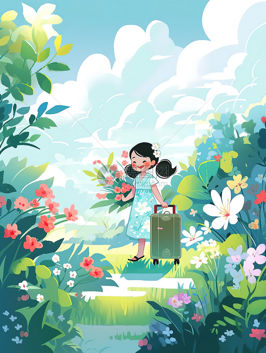 小女孩拉着行李箱旅行平面插图图片