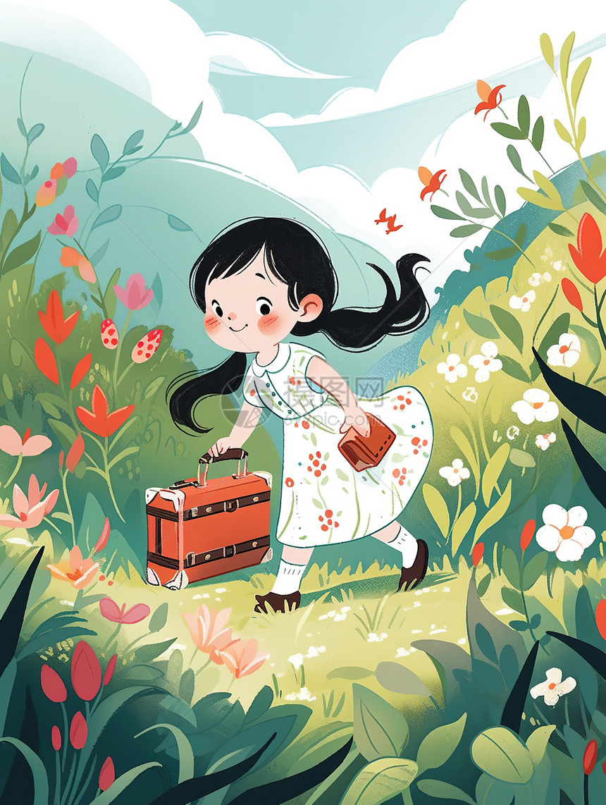 美丽可爱的小女孩拉着行李箱旅行平面插图图片