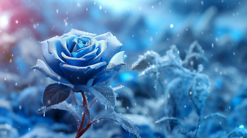 一朵冰冻的蓝色玫瑰隐藏在灌木丛中图片