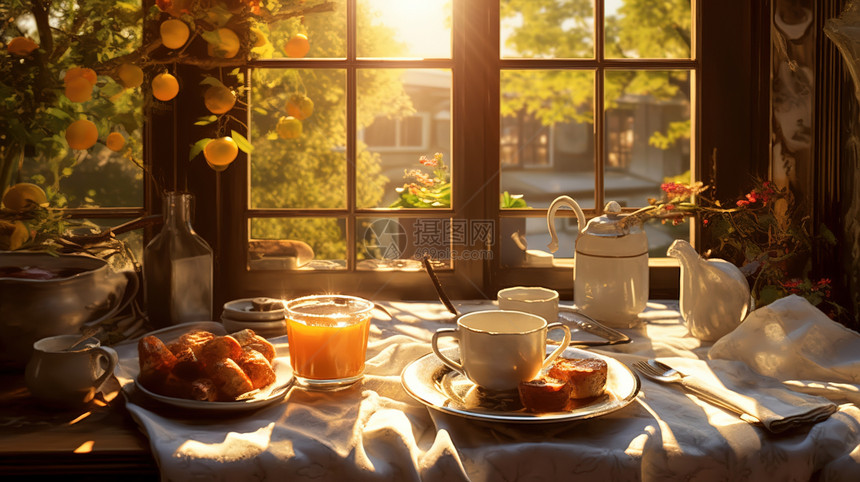 阳光下窗边的早餐图片
