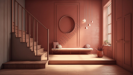 楼梯装修粉色极简室内设计场景插画
