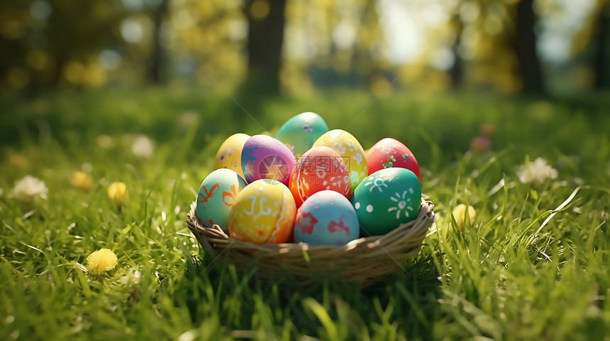 阳光明媚的草地上一篮子五彩的复活节彩蛋图片