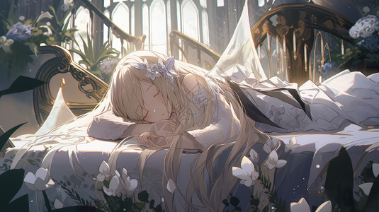 小女孩躺在床上穿白色裙子的卡通女孩躺在床上睡觉插画