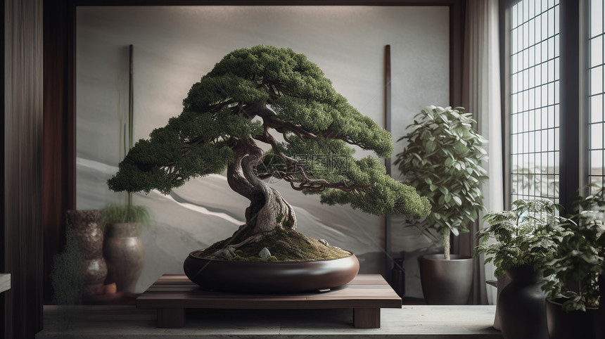 新中式客厅里独特造型的绿色松树盆景图片