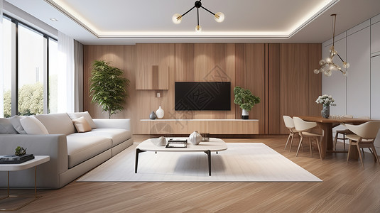 现代简约原木风干净整洁的客厅效果图高清图片