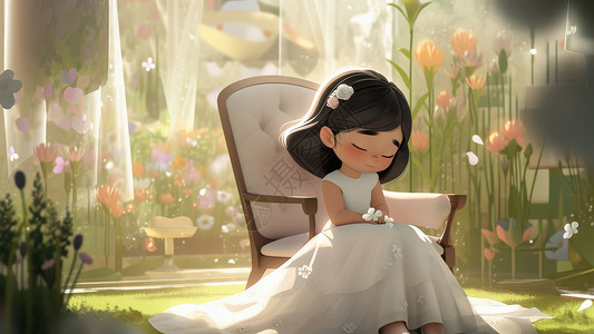 穿婚纱的女孩坐在椅子上穿白色长裙的卡通小女孩插画