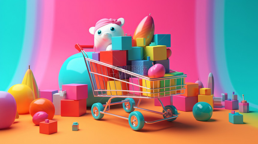 载满彩色方块与玩具的的立体购物车图片
