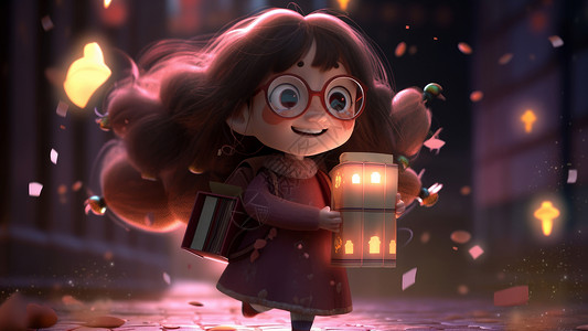 戴着眼镜背着魔法书手拿提灯的可爱的卡通小女孩图片
