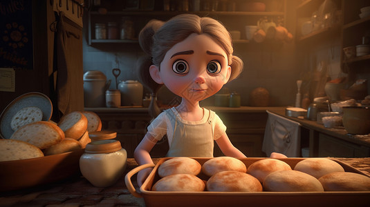 可爱的小女孩围着围裙在厨房做面包3D背景图片