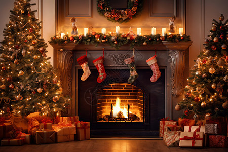 圣诞节日气氛圣诞树壁炉高清图片