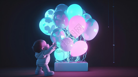 宝宝抓东西去抓发光气球的小婴儿插画