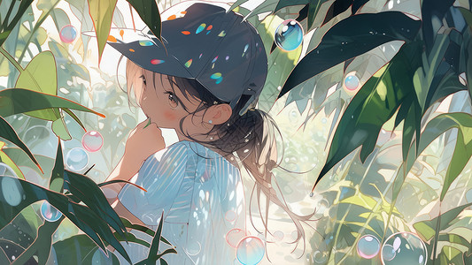 雨后一个戴帽子的卡通小女孩站在植物丛中高清图片