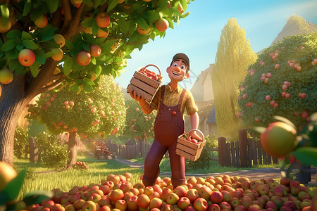 丰收季节农民采摘新鲜苹果3D场景背景图片