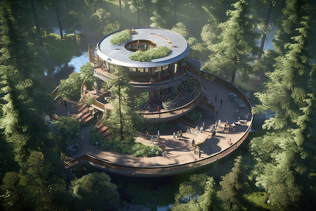 泸沽湖观景台3D建筑设计森林观景台咖啡馆插画