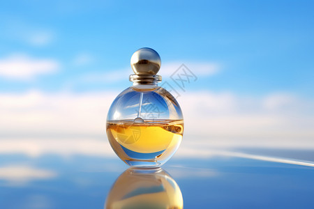 香氛背景蓝天背景的玻璃瓶产品图设计图片