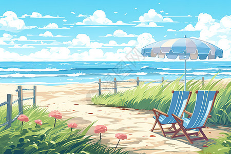 大海沙滩插画治愈系风景背景图片