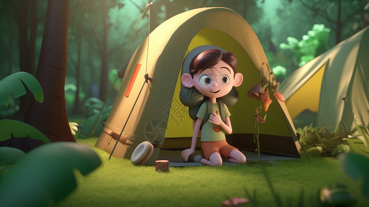 在森林里露营的可爱的卡通小男孩图片