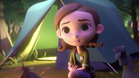 夜晚坐在露营帐篷外休息的3D卡通女孩图片