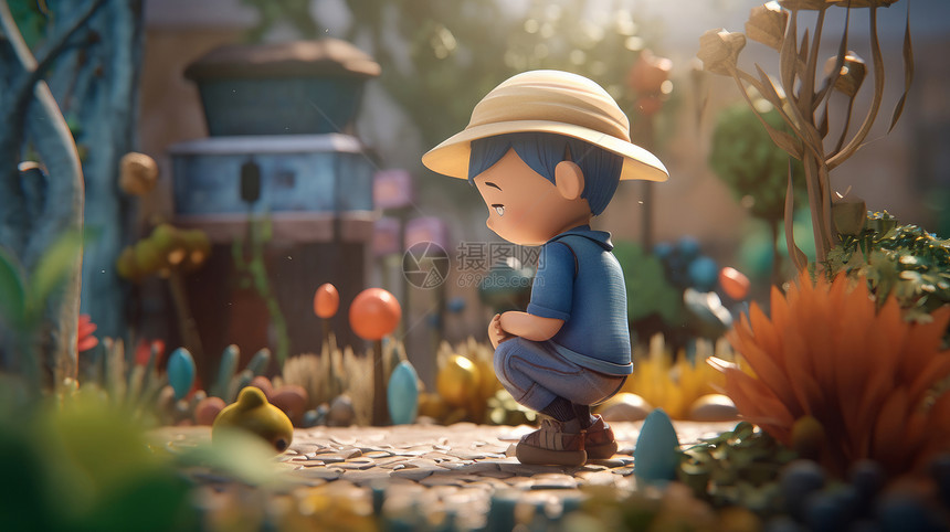蹲在花园的地上戴帽子的卡通小男孩图片