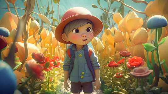 旅行背包小男孩戴着帽子背着背包去花丛中徒步旅行的卡通小男孩插画