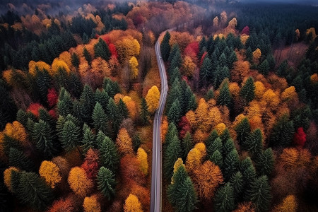 航拍森林道路航拍秋天森林的公路插画
