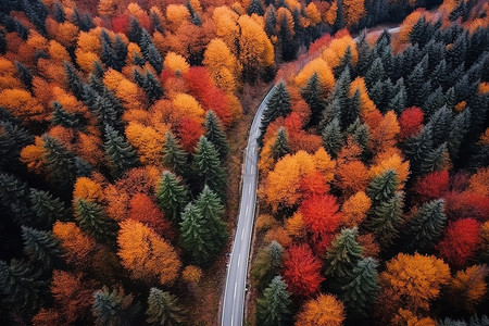 航拍森林道路航拍秋天森林公路插画