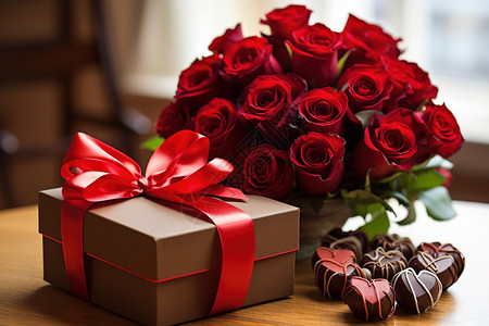礼盒与玫瑰花束情人节红色玫瑰花朵520礼物插画
