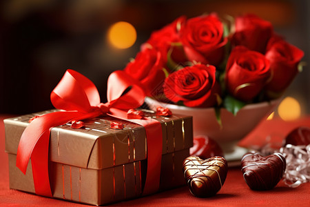 礼盒与玫瑰花束情人节红色玫瑰花朵520送礼物插画