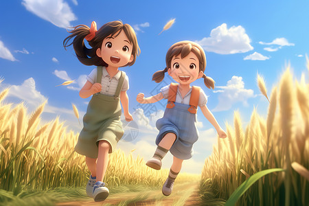 快乐奔跑小女孩小女孩在成熟的麦田里快乐奔跑插画