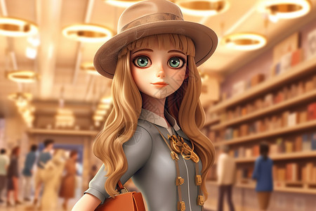 在商场里一个酷酷的美丽女孩插画