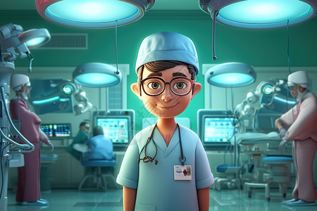 穿手术服思考的外科医生形象皮克斯风格手术室里的医生职业形象插画