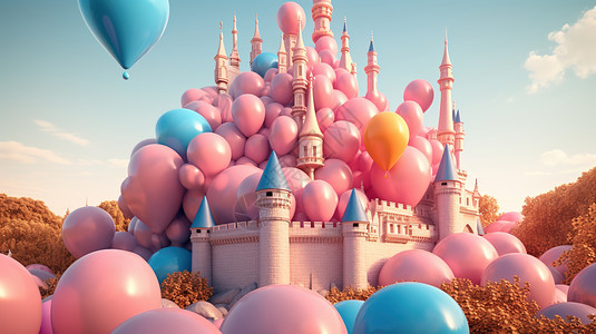 好看的粉色气球漂亮的欧式城堡插画