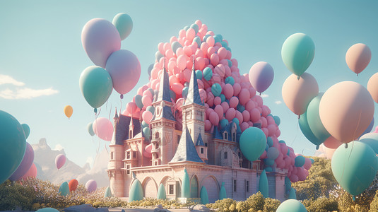 好看的粉色气球漂亮唯美的欧式气球城堡插画