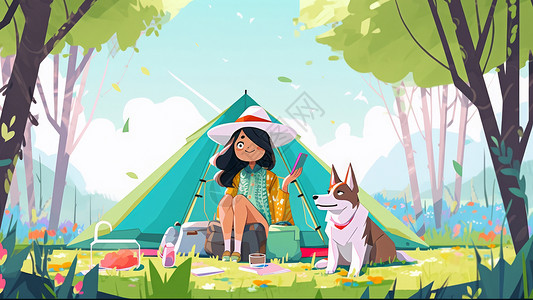 在森林里露营的卡通可爱的女孩图片