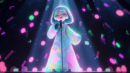 炫彩发光的站在舞台中间唱歌的卡通小女孩背景图片