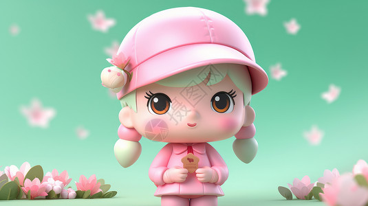 戴着粉色帽子穿着粉色衣服的卡通小女孩图片
