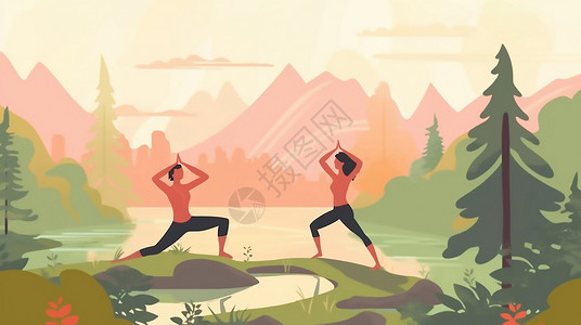 山水漫画自然山景中瑜伽锻炼的卡通人物图画插画