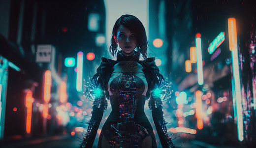 走在街道上酷酷的胳膊发光的赛博朋克机器人女孩背景图片