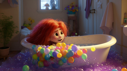 红色长发卷发卡通立体小女孩坐在满是彩色泡泡的浴缸中图片